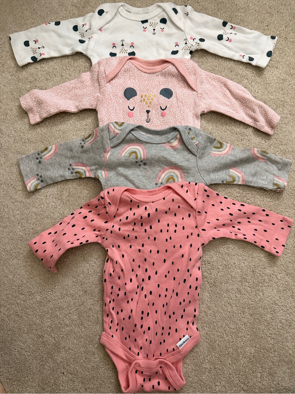 Gerber Set of 4 Long-Sleeve Baby Bodysuits in Pink, Gray, Cream - Newborn